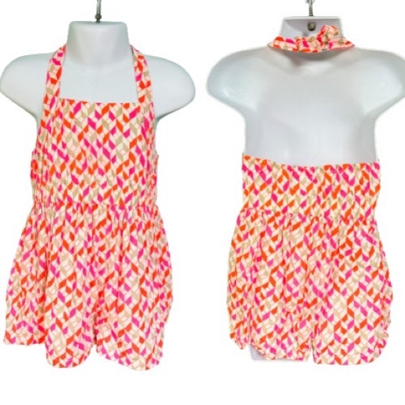 Old Navy Neon Pink & Orange Geometric Print Halter Open Back Romper Size 2T - Picture 1 of 7